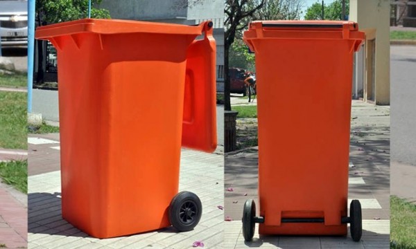 Cubo de basura con ruedas en plástico, volumen de 240 litros, amarillo